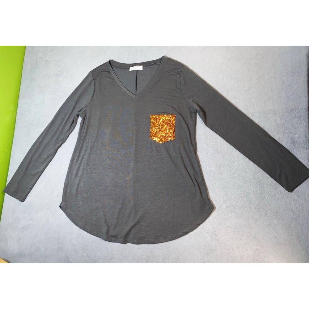 Zenana Women's XL Gray Long Sleeve V-Neck Top Orange Sequin Pocket Fall Tunic